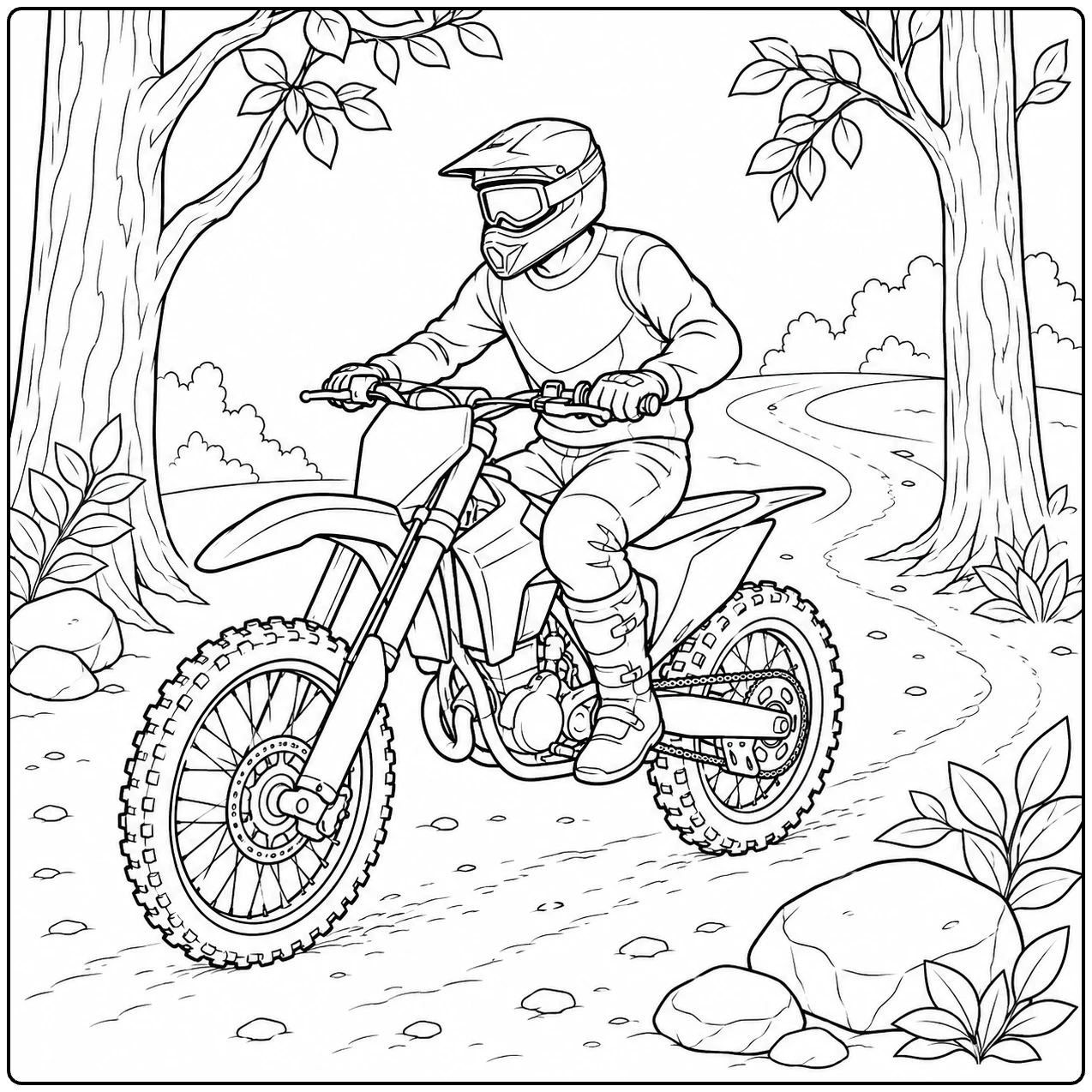 Crossrijder op een bospad met bomen en stenen in een kleurplaat motor yamaha