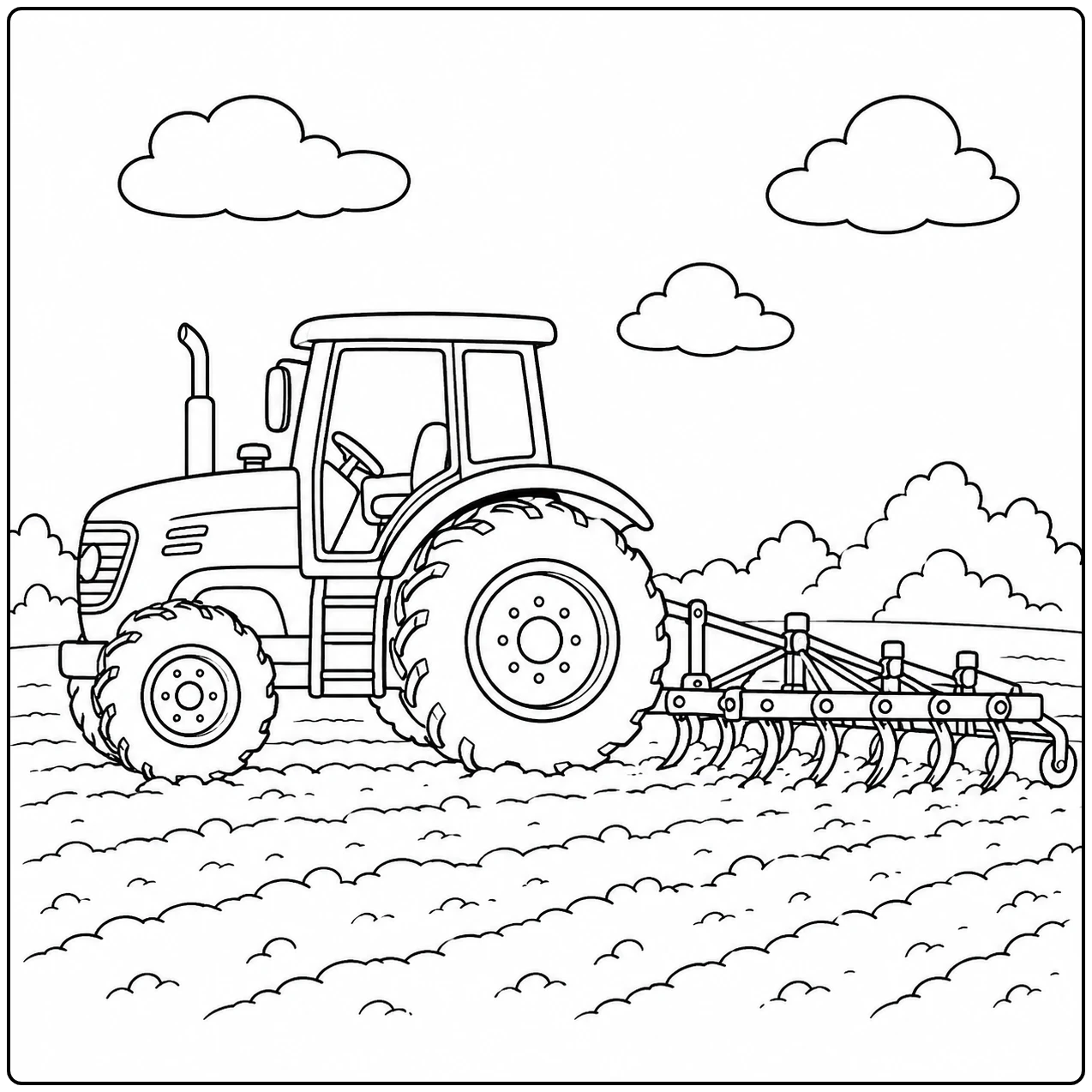 Brede cultivator bewerkt de losse aarde achter een tractor in deze Werkende trekker kleurplaat