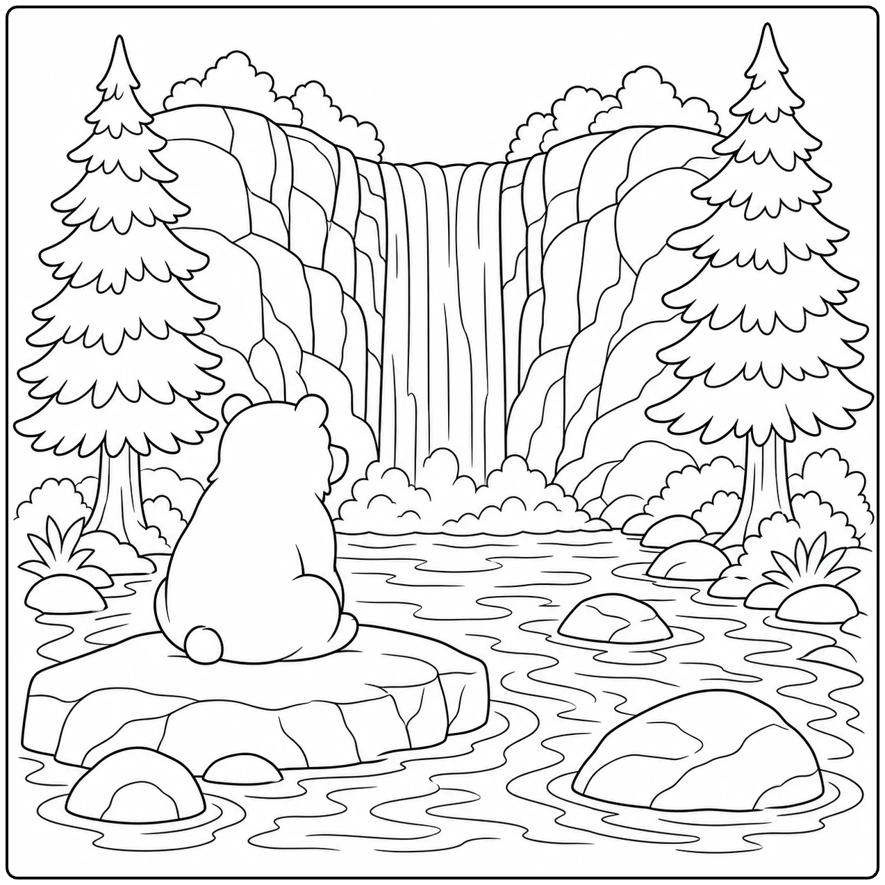 Beer zit op een rots bij een waterval, omringd door dennen, stenen en kabbelend water