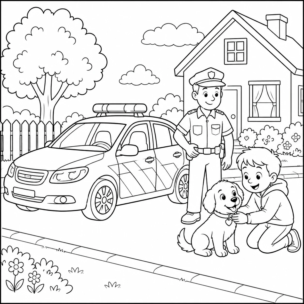 Een lachende agent staat bij een kind en teruggevonden puppy naast een politieauto in de straat.