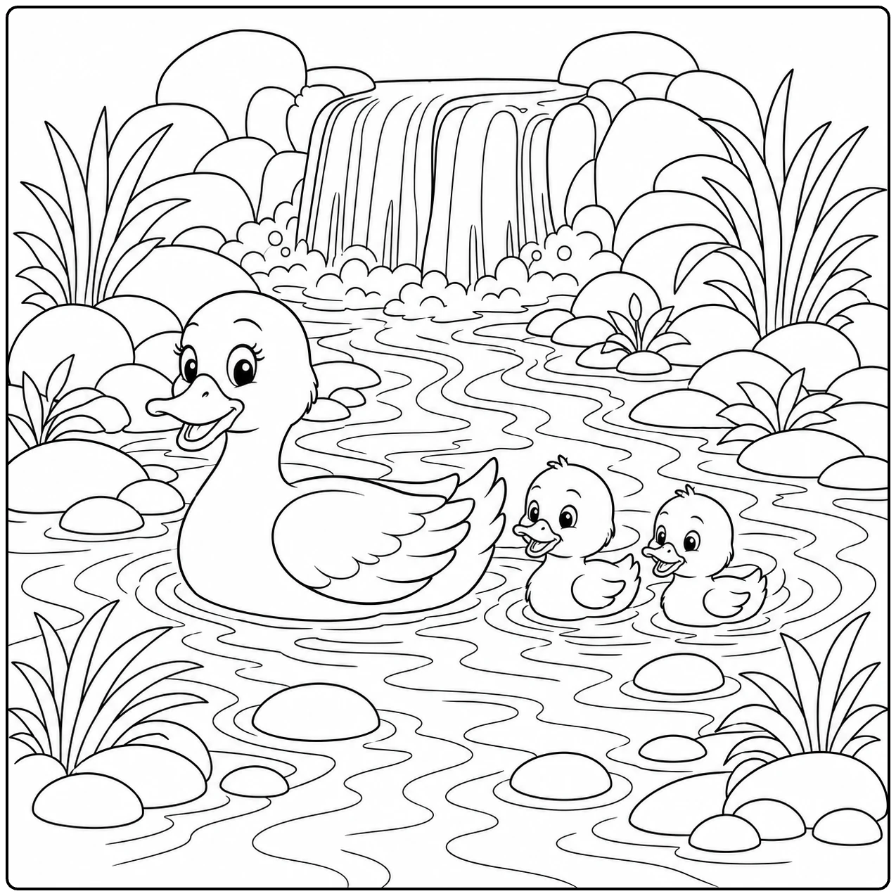 Eendenfamilie zwemt door een vijver bij een Waterval Kleurplaat met planten en rotsen