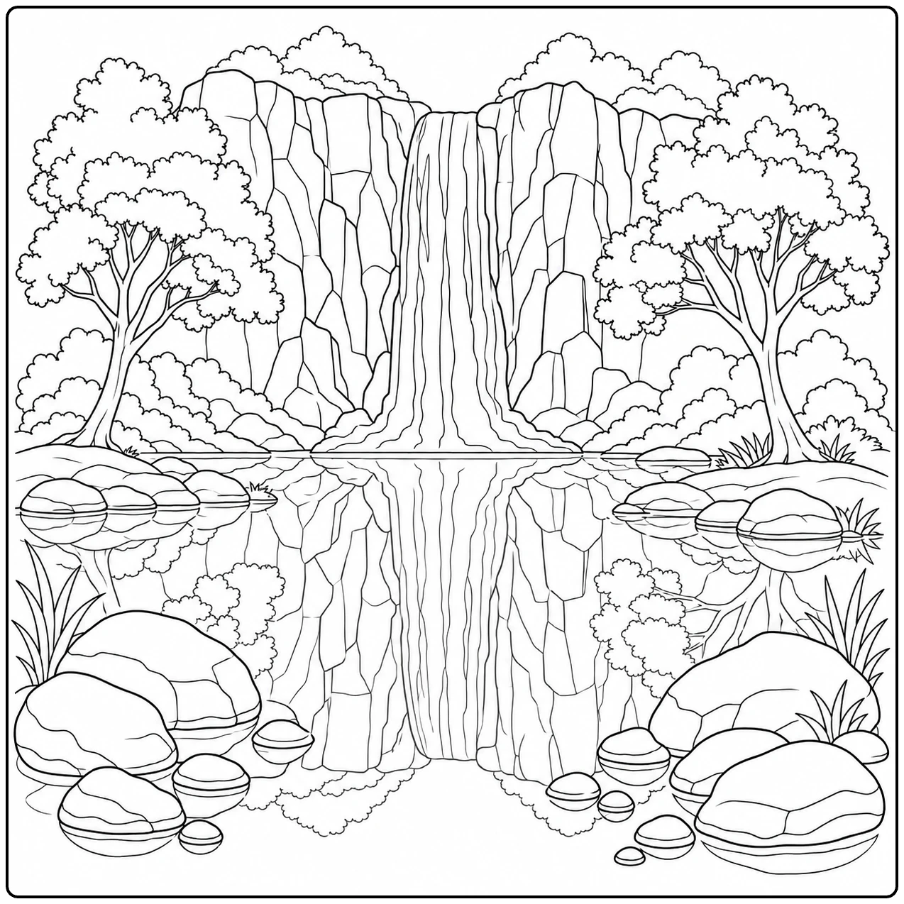 Brede waterval weerspiegelt in een kalme vijver met waterlelies, bomen en stenen