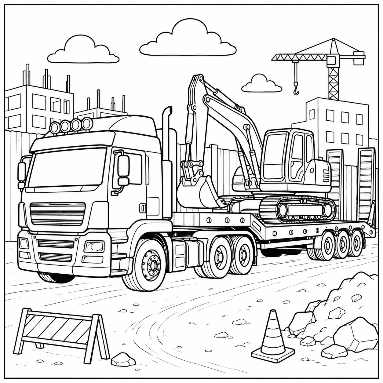 Op de bouwplaats vervoert een kleurplaat vrachtwagen met oplegger een graafmachine langs puin.