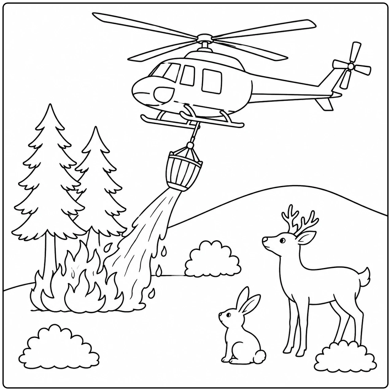 Boven herten en een konijn sproeit een kleurplaat brandweer helicopter water op bosvlammen