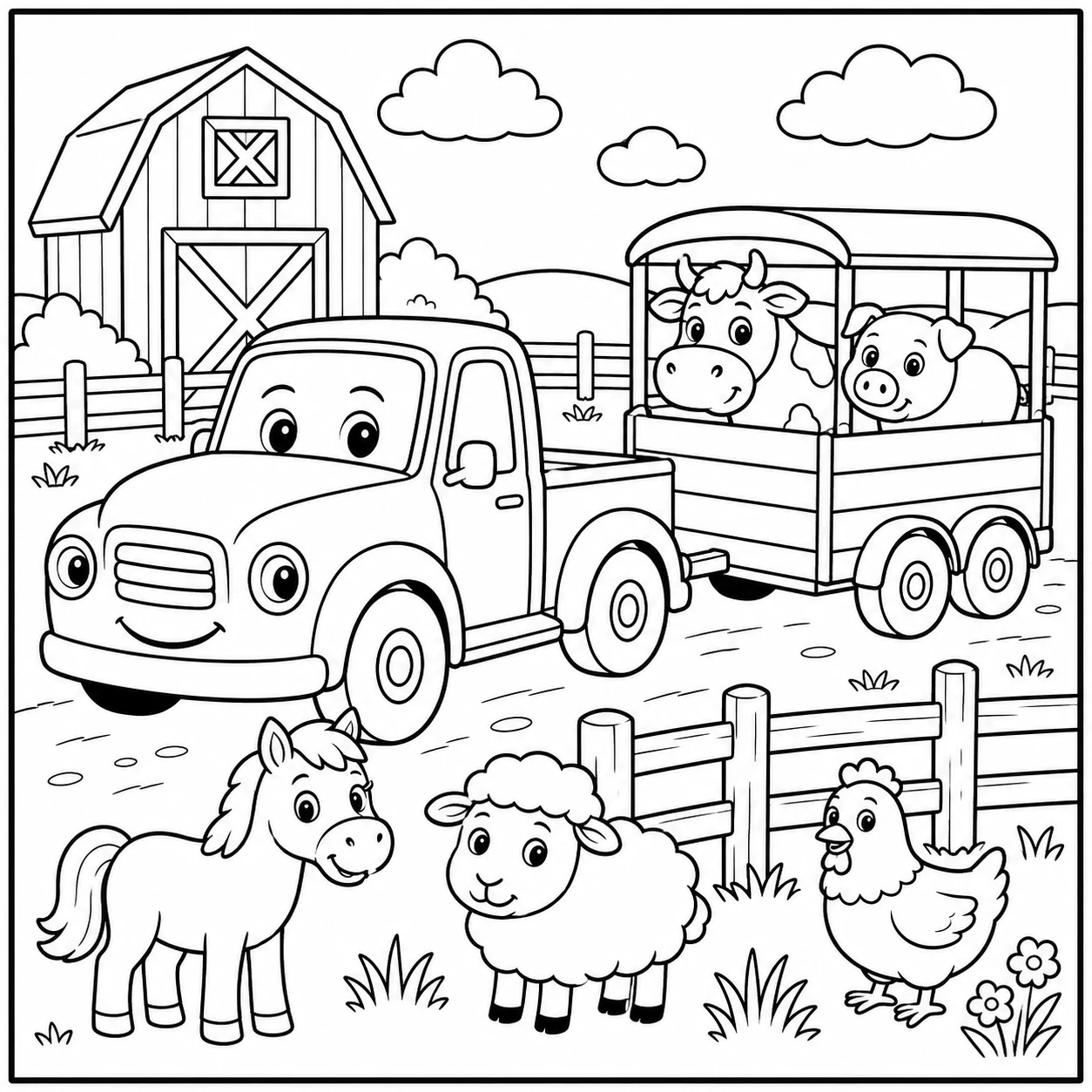 Boerenerf met een lachende truck, dieren in de laadbak en een paard, schaap en kip vooraan.