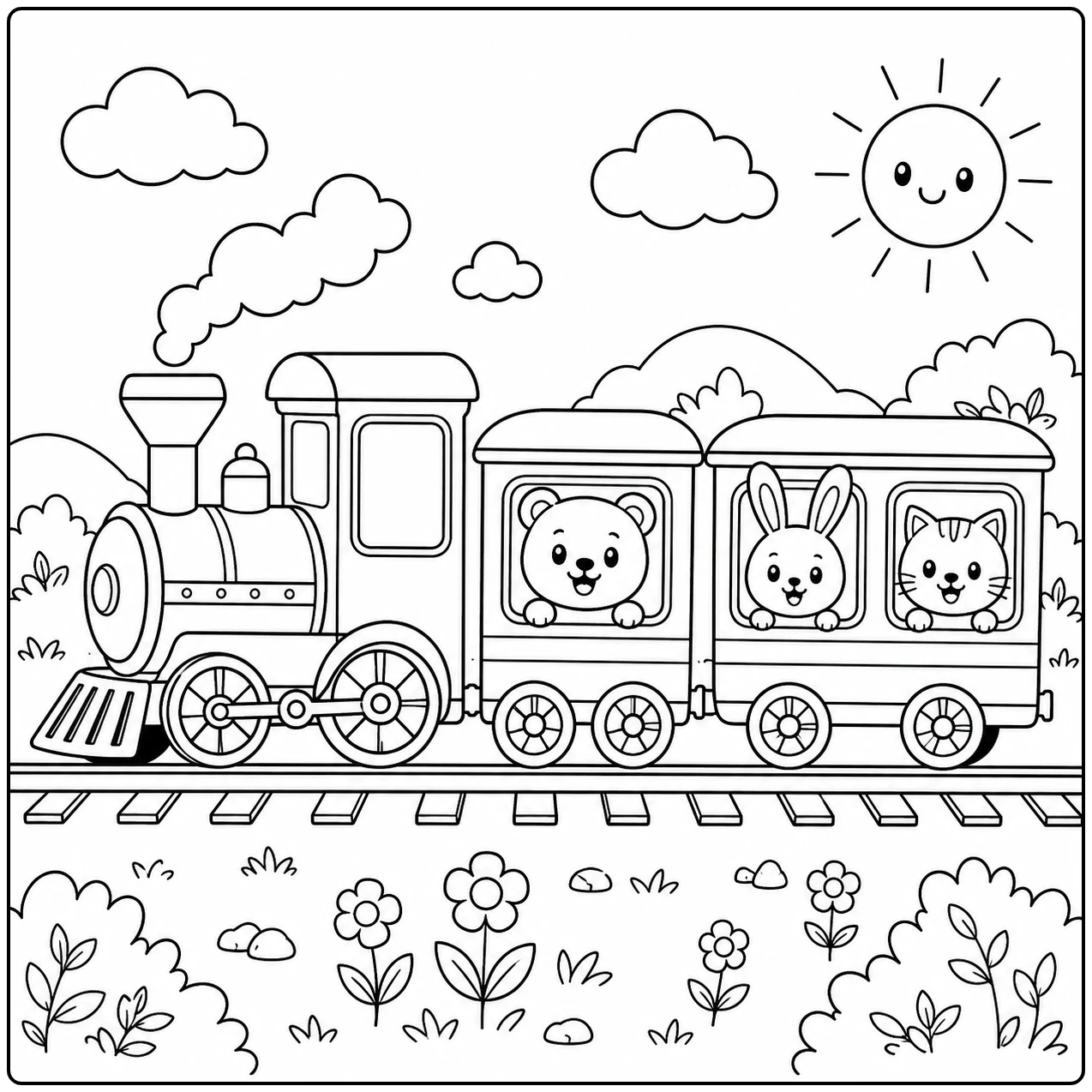 Stoomtrein met drie vrolijke dieren in de wagon rijdt door een zonnige bloemenweide