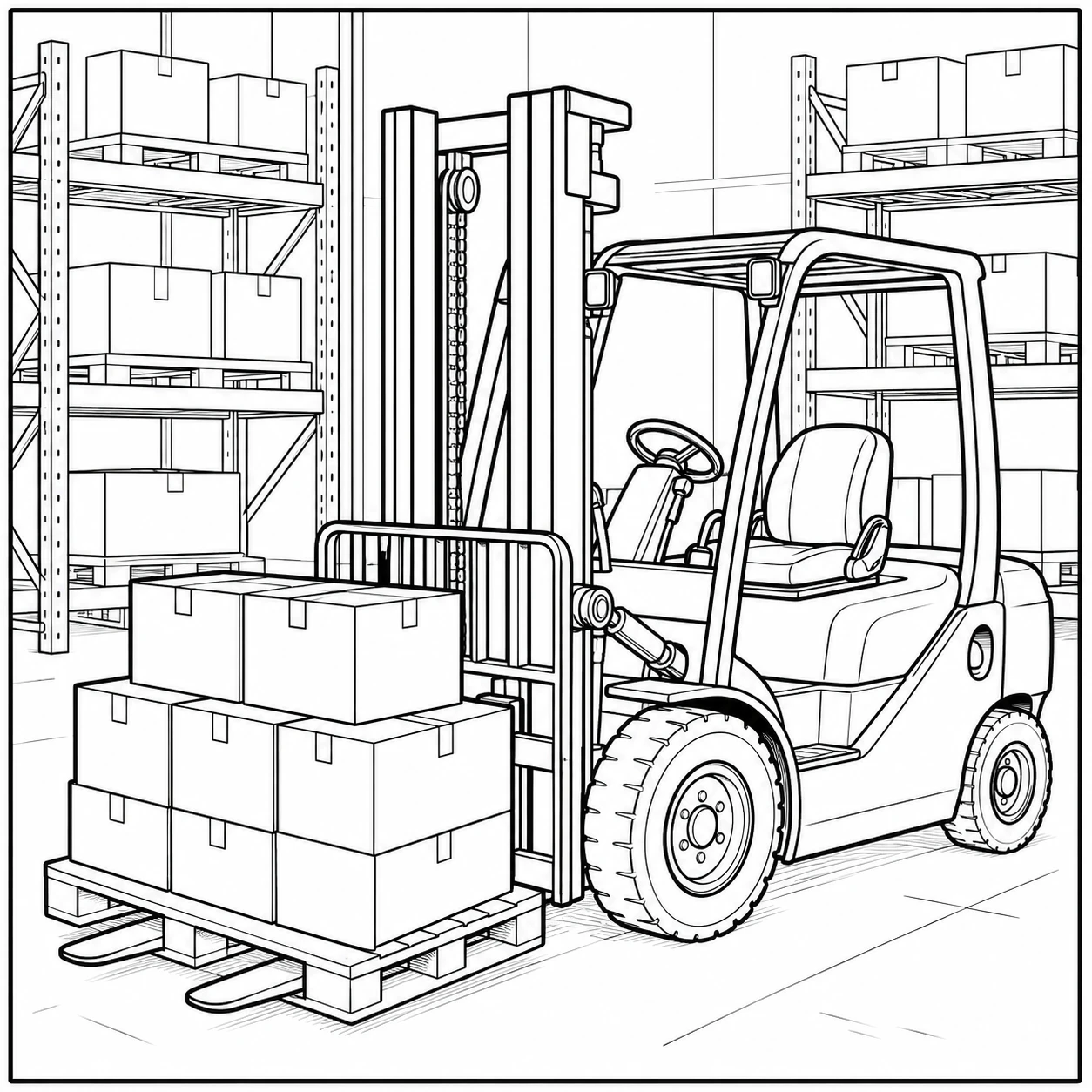 Kleurplaat heftruck die dozen op een pallet optilt in een opslagruimte