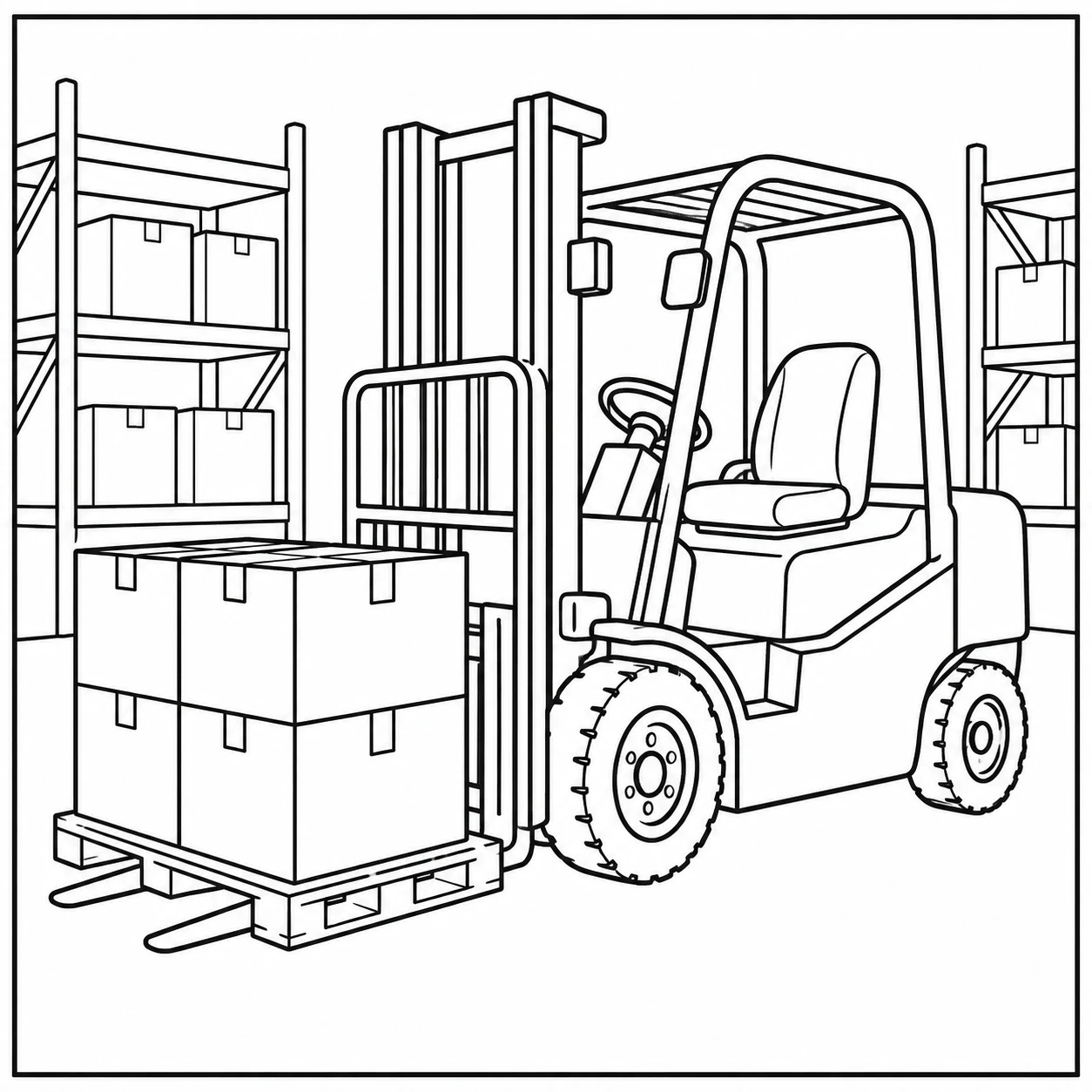 Heftruck met dozen op een pallet tussen magazijnstellingen en opslagrekken