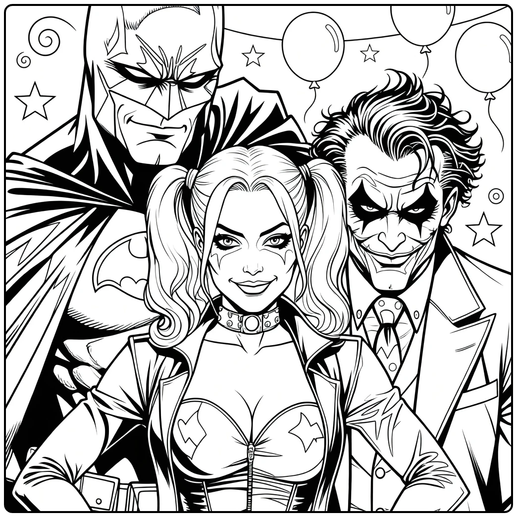 Drie figuren poseren samen: gemaskerde met cape, vrouw met vlechten en clownmake-up, man met groen haar in paars pak. Harley Quinn Kleurplaat
