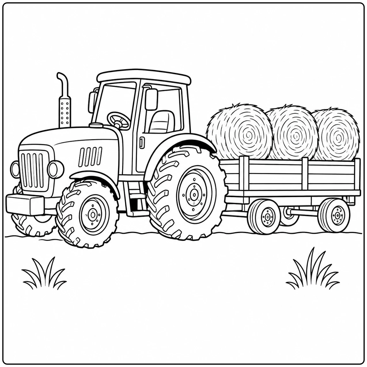 Landbouwtractor vervoert drie grote ronde hooibalen op een platte aanhanger in eenvoudig zijaanzicht