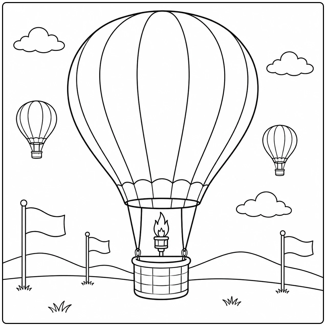Grote ballon tussen twee kleinere luchtballonnen boven een terrein met vlaggenmasten