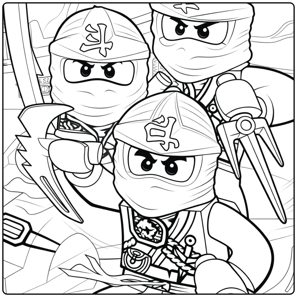 Drie gemaskerde ninjago figuren met wapens in agressieve poses ninjago kleurplaat