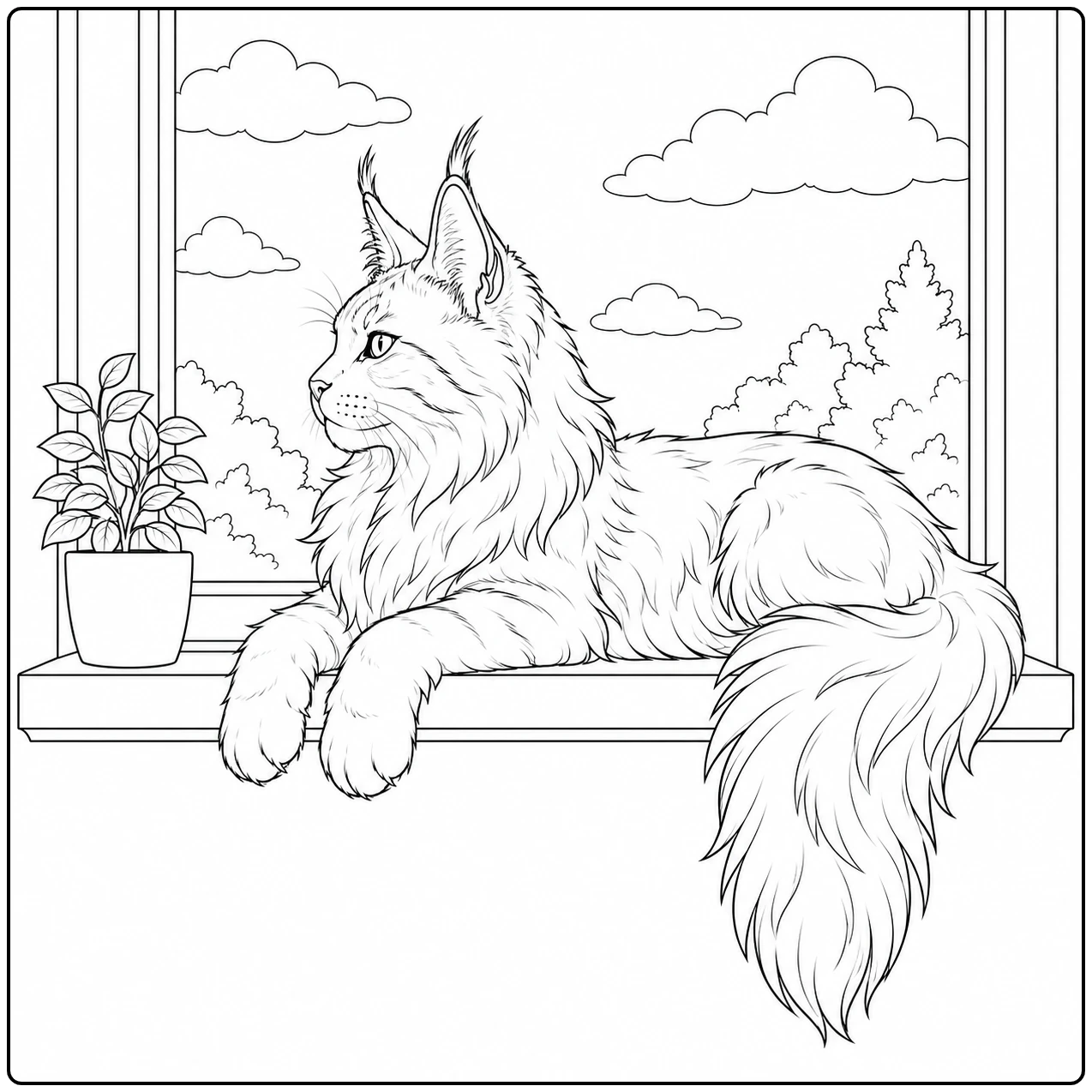Rustende Maine Coon op de vensterbank kijkt zijwaarts naar wolken en een landschap buiten.