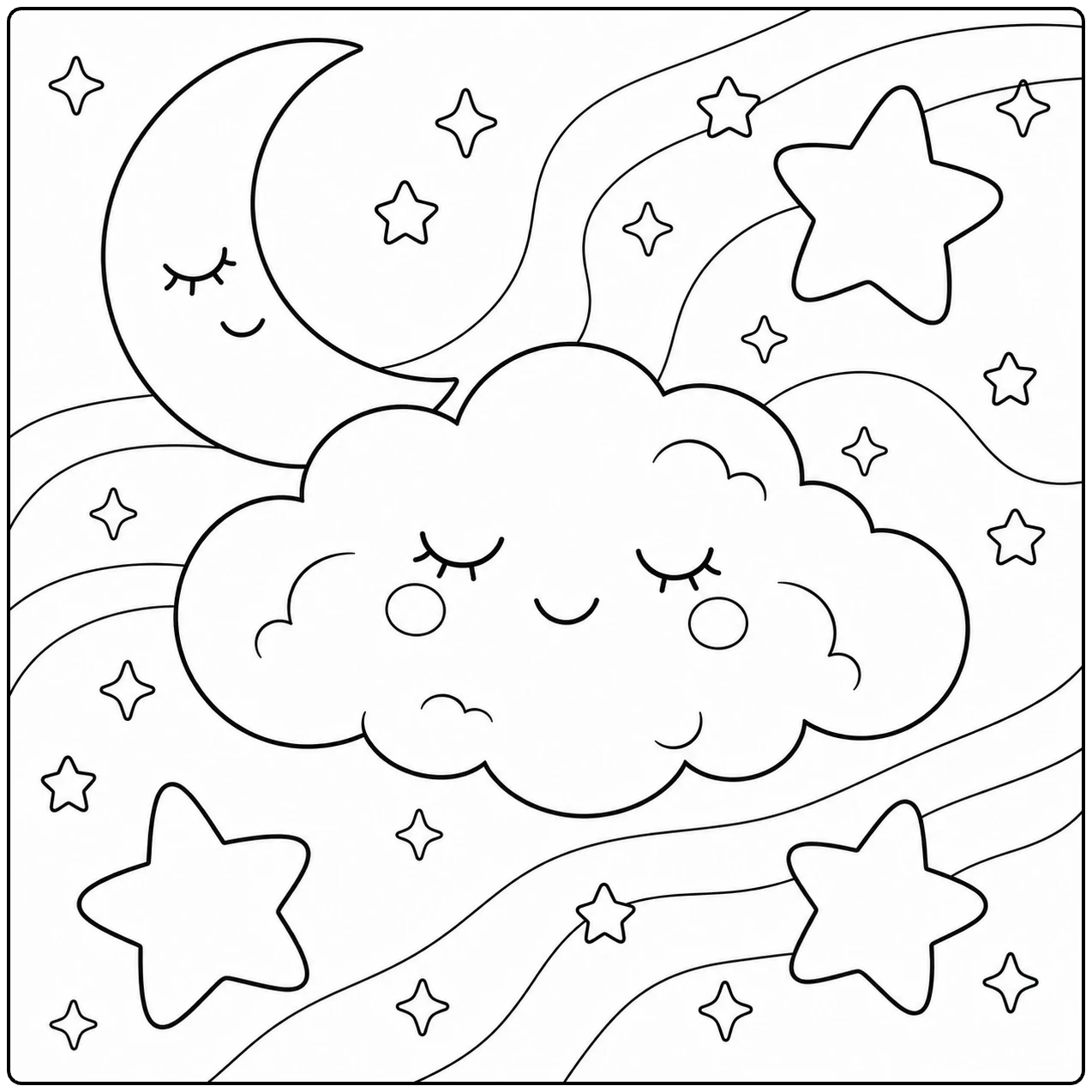 Dromerige wolk met maan, sterren en golvende lijnen, een magische Wolken Kleurplaat