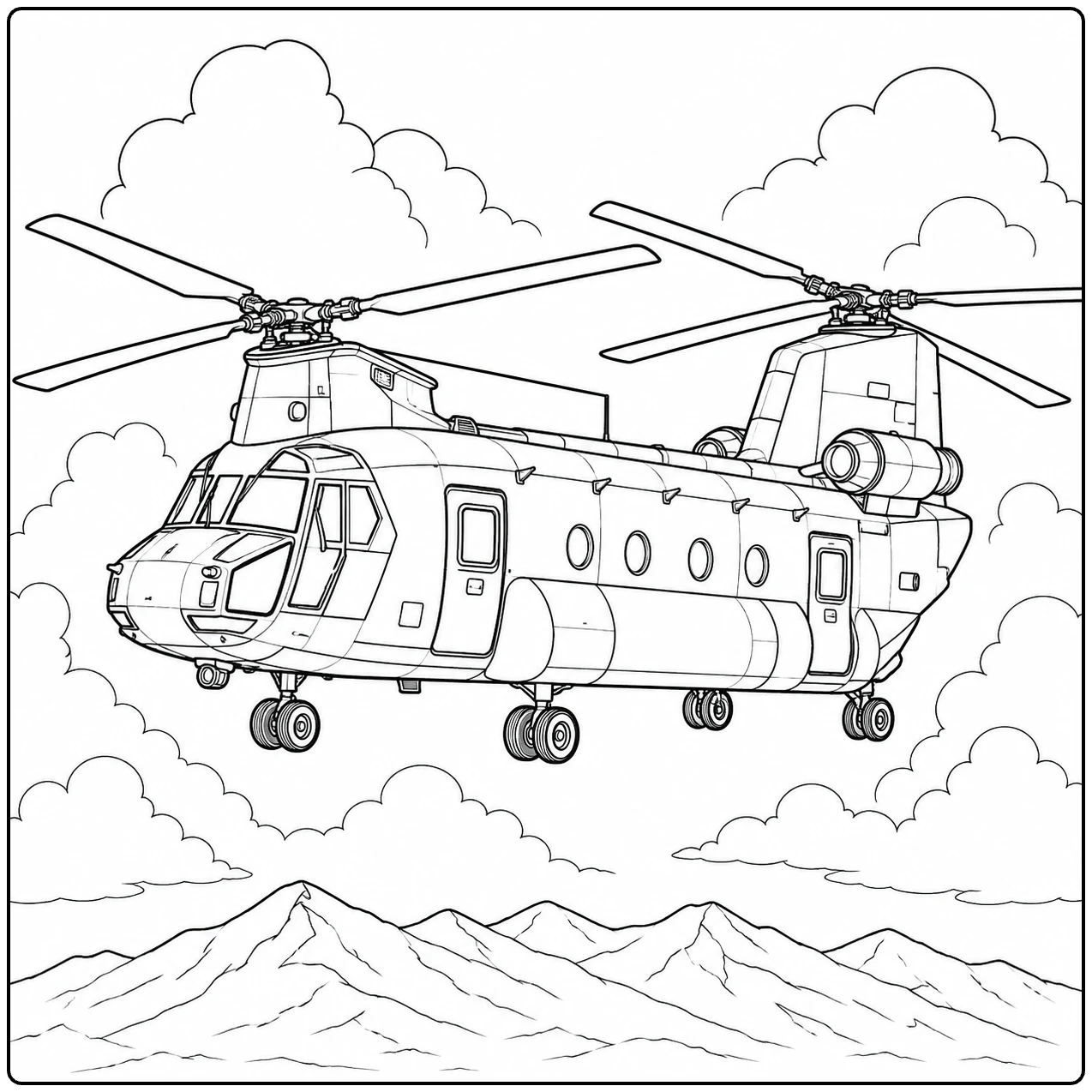 Tussen wolken en bergen vliegt een kleurplaat leger helikopter met dubbele rotor