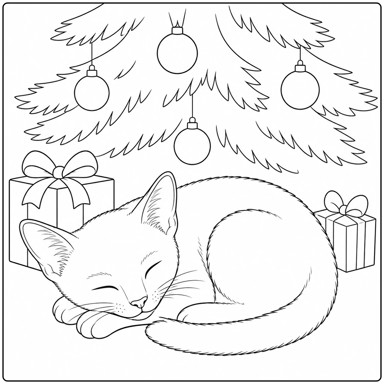 Slapende kitten ligt opgerold onder de kerstboom tussen cadeaus, passend bij kleurplaat blauwe rus.