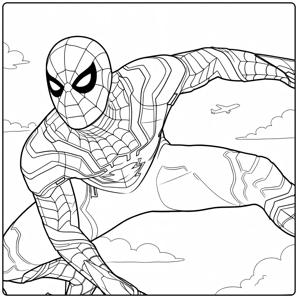 Held in dynamische sprong met uitgestrekte arm en webpatroon spiderman kleurplaat