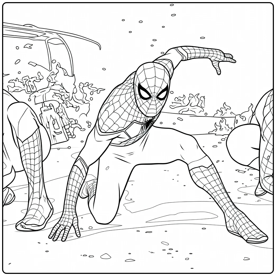 Held in lage hurkpose met uitgestrekte arm en webtextuur op het pak spiderman kleurplaat