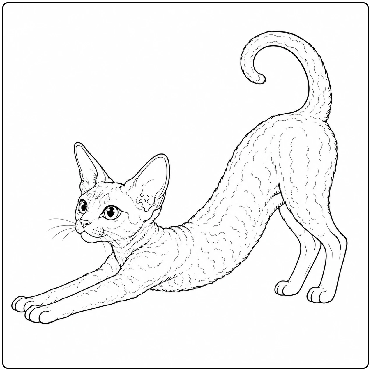 Lenige kat rekt zich diep uit met de voorpoten vooruit en een sierlijk gekrulde staart.