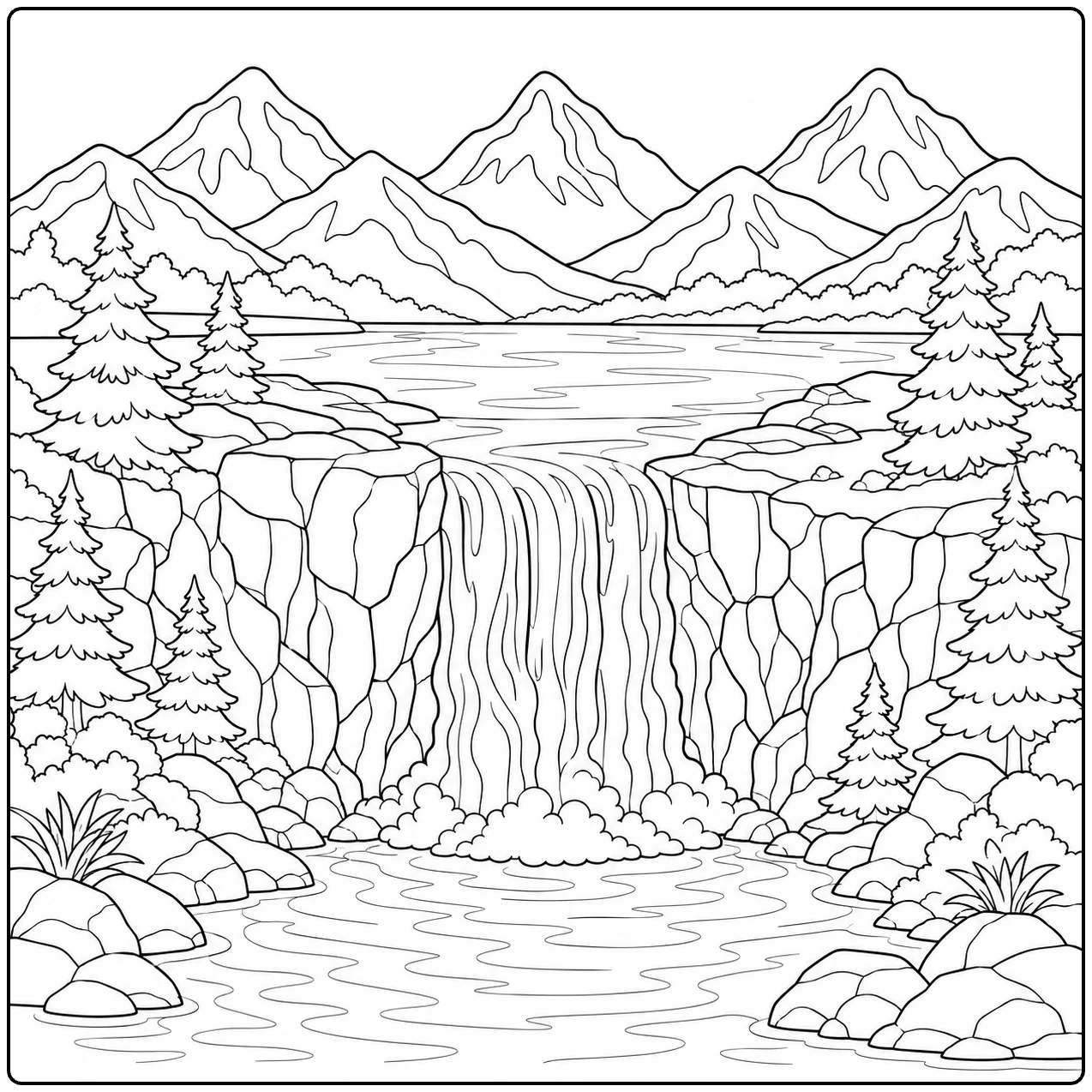 Rustig bergmeer met brede waterval, dennenbomen en hoge pieken op de achtergrond