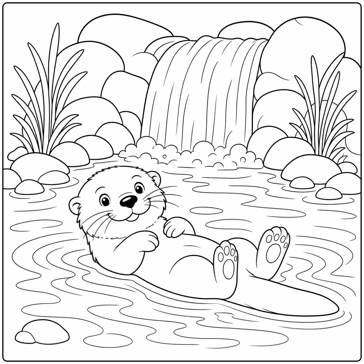 Otter drijft ontspannen in een vijver onder een kleine waterval met riet en ronde rotsen