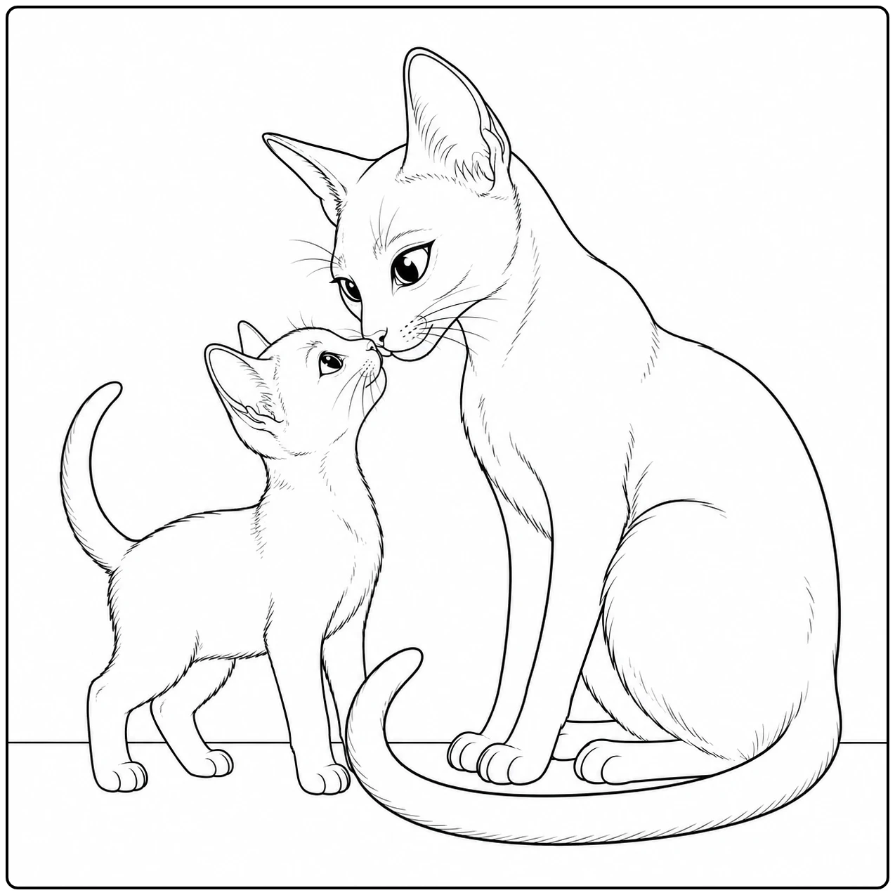 Grote kat buigt liefdevol naar een kitten dat op de achterpoten staat en haar neus aanraakt.