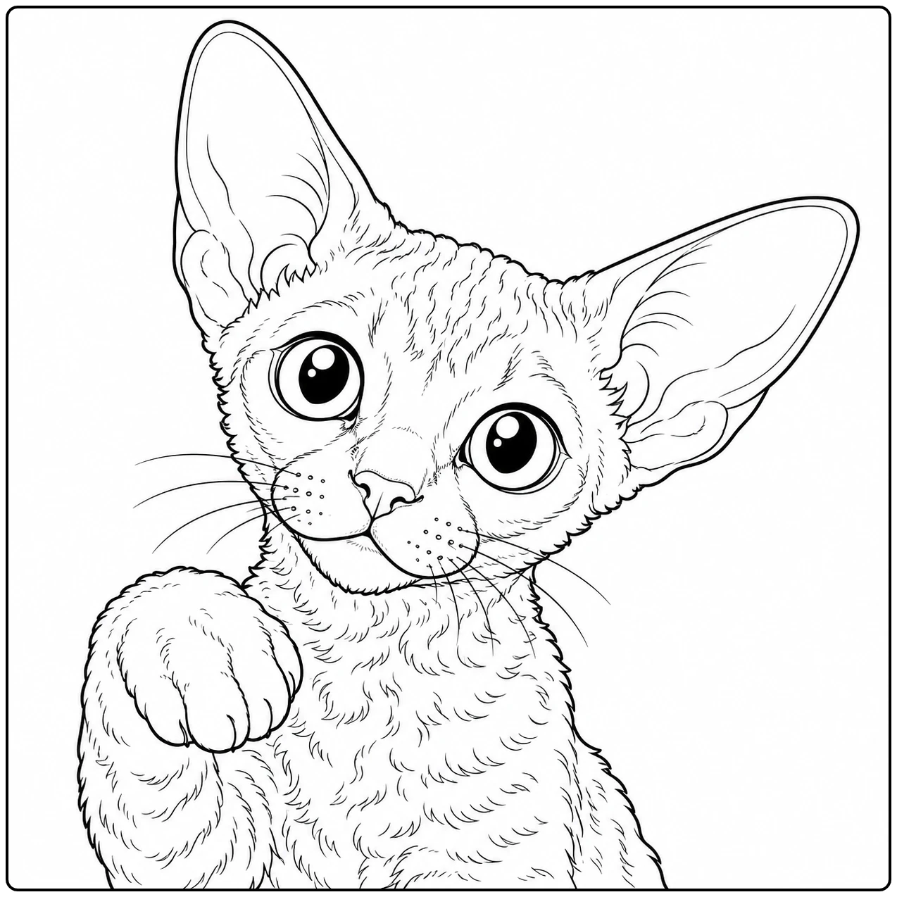 Close-up van een nieuwsgierige kat met een opgeheven poot, ideaal als kleurplaat devon rex.