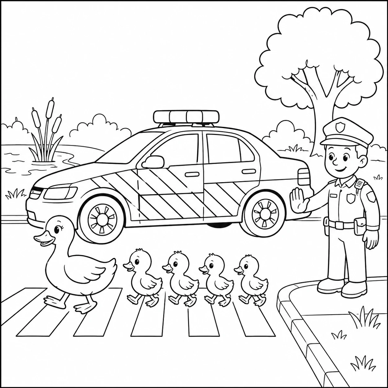 Moedereend en vier kuikens steken veilig over voor een stilstaande kleurplaat politieauto.