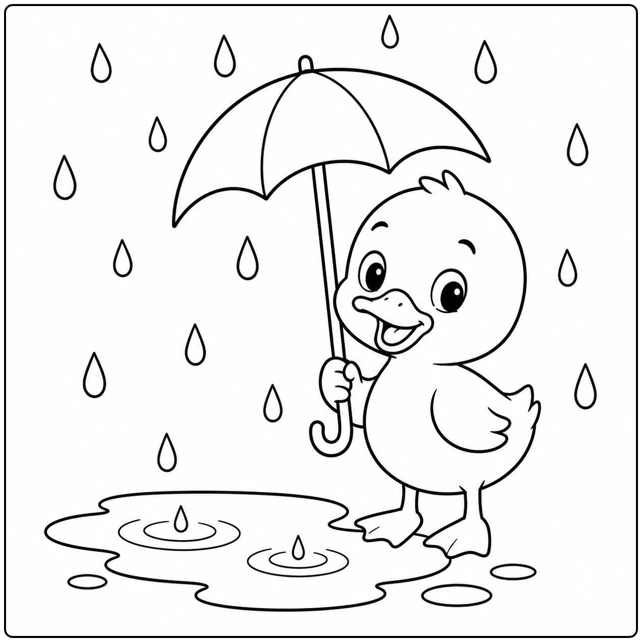 Regen Kleurplaat met een vrolijk eendje dat een paraplu boven zijn hoofd houdt