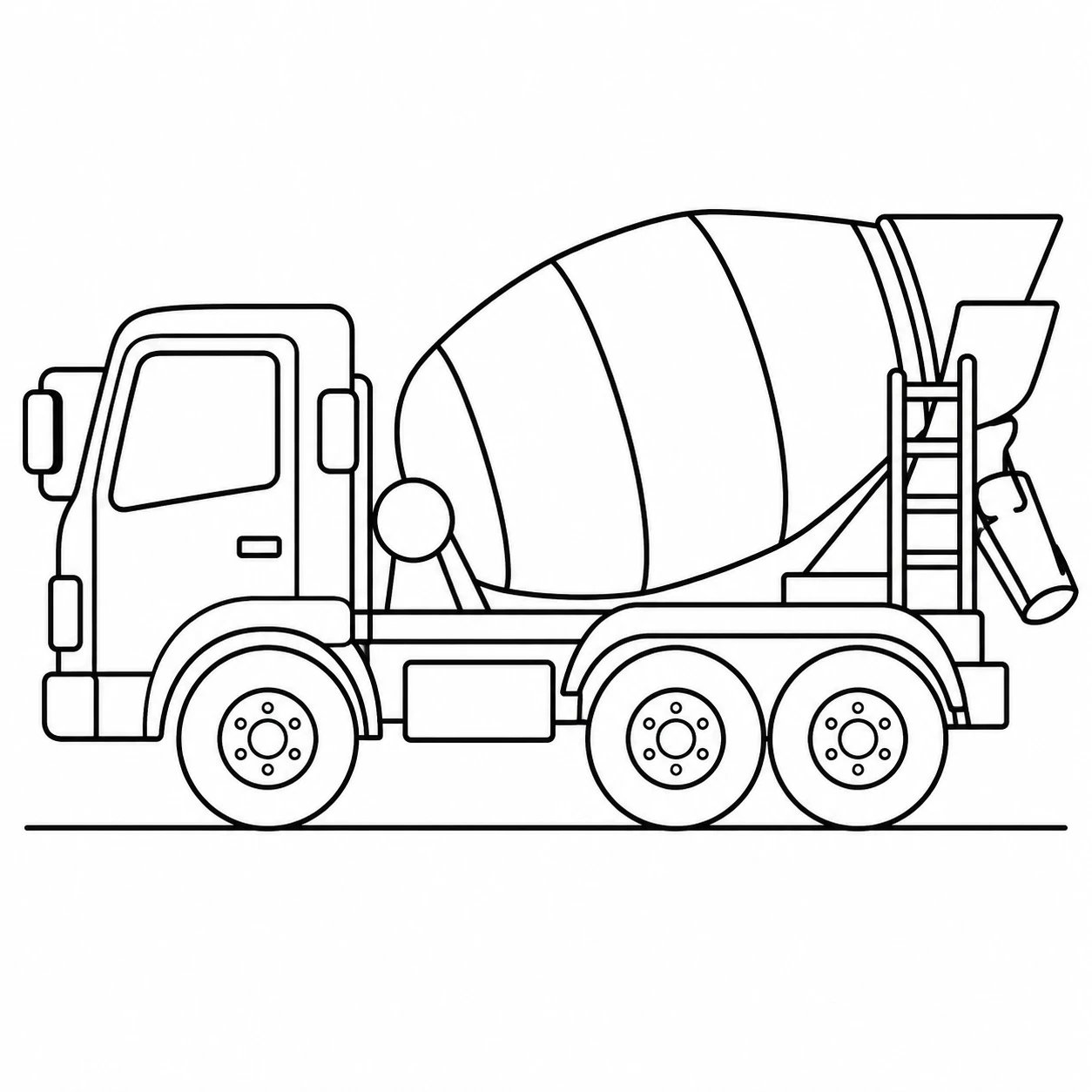 Zijaanzicht van een eenvoudige kleurplaat betonwagen met grote mengtrommel en drie assen.