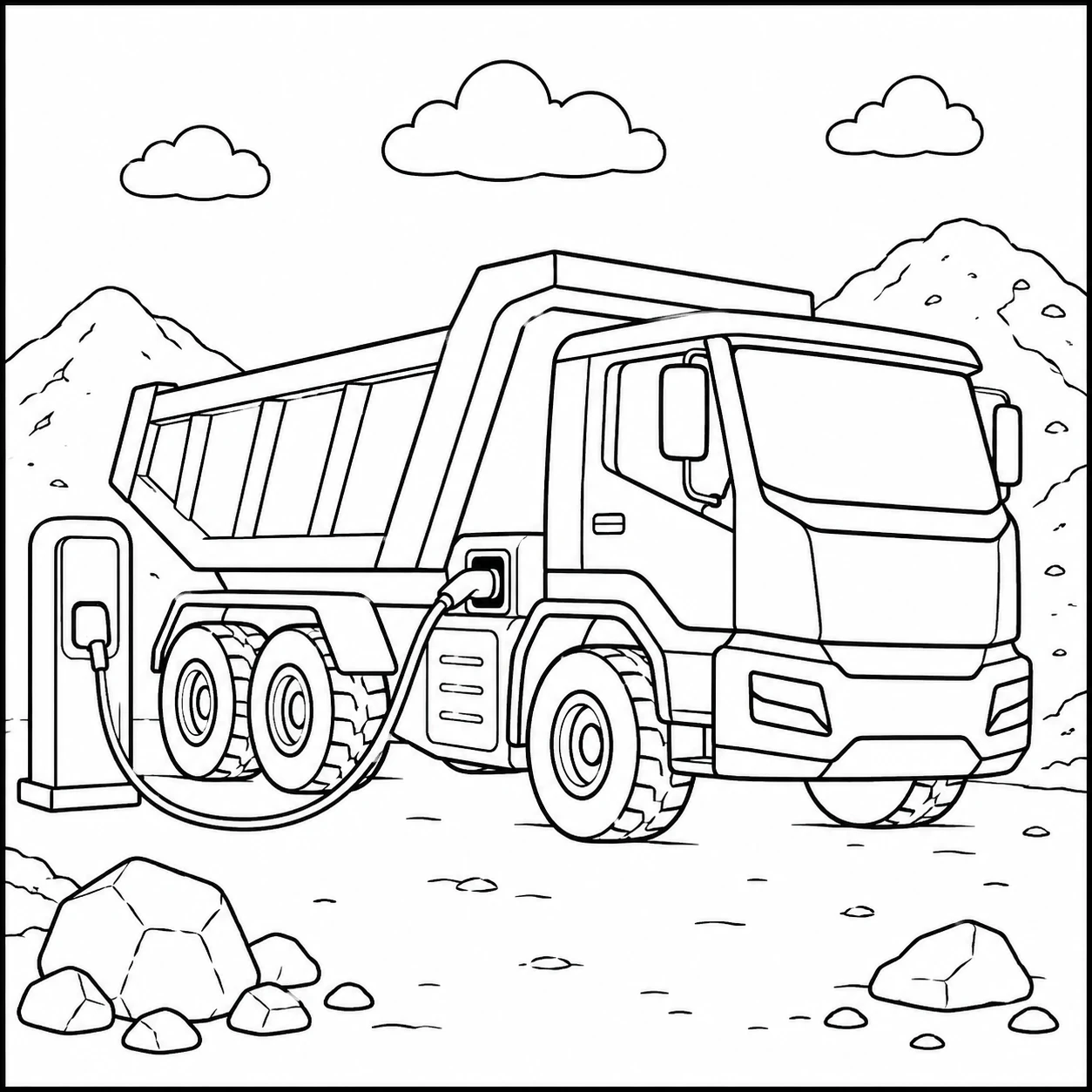 Kleurplaat kiepwagen op een open terrein met grote wielen en laadruimte