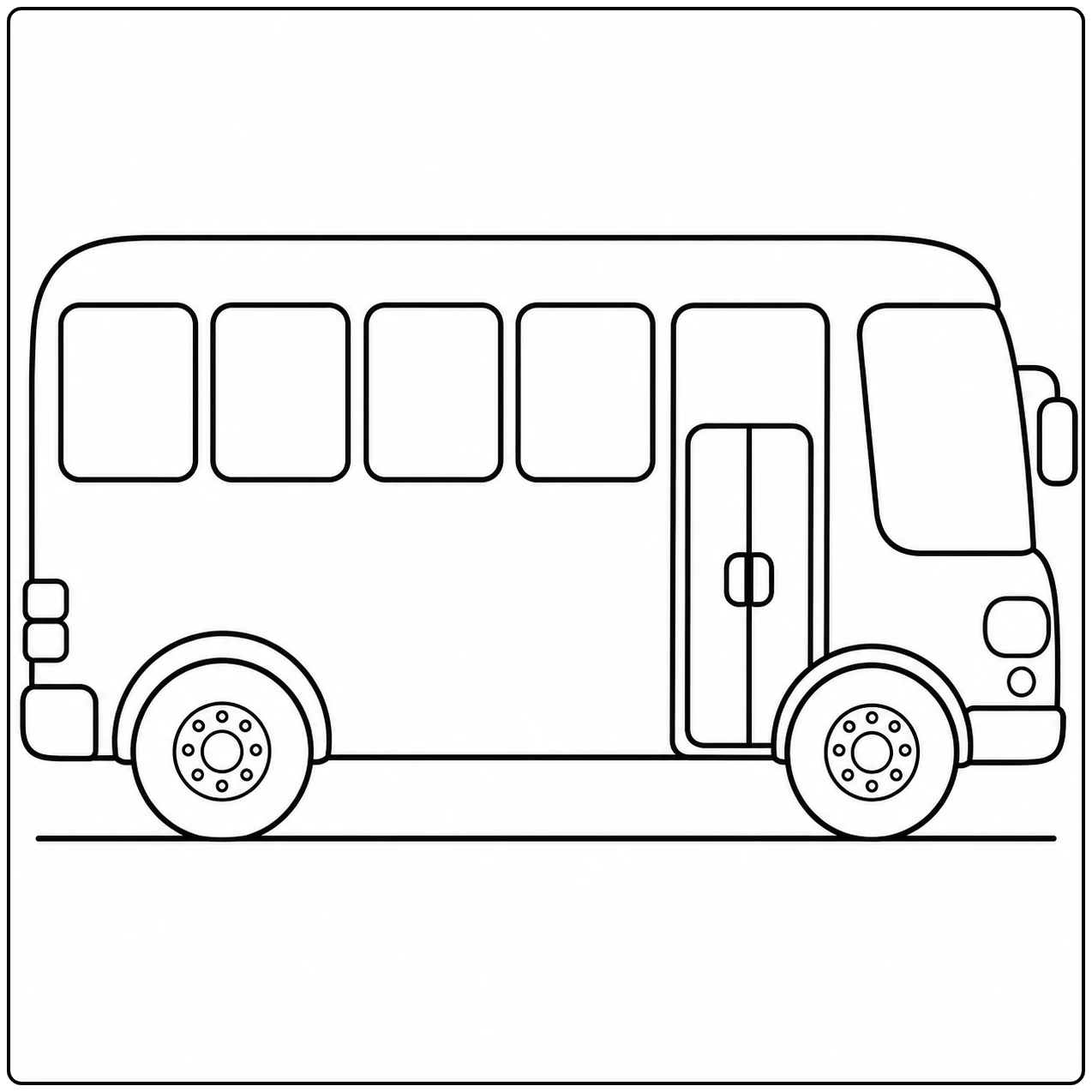 Eenvoudige moderne bus van opzij met vijf ramen, een voordeur en twee duidelijk omlijnde wielen