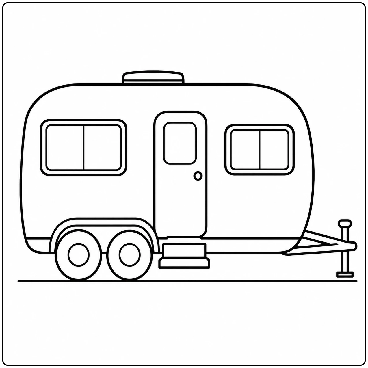 Kleurplaat caravan met twee ramen, dubbele wielen, opstapje en een duidelijke trekhaak
