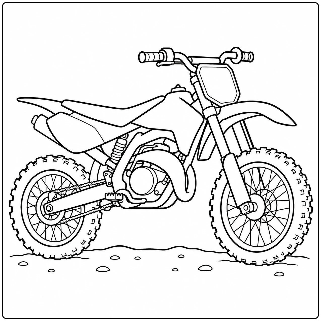Een stoere crossmotor kleurplaat met noppenbanden, hoge spatborden en een eenvoudig zijaanzicht