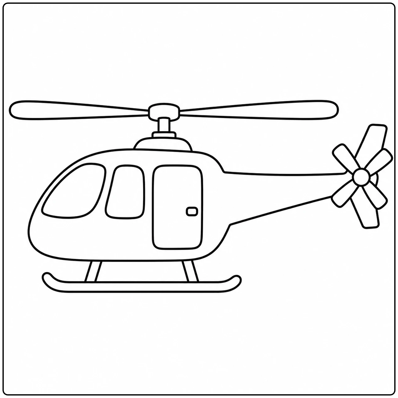 Kleurplaat helikopter met groot hoofdrotor, zijaanzicht en eenvoudige landingsski’s