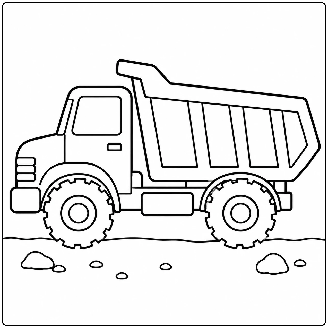 Eenvoudige kleurplaat kiepwagen met een grote laadbak en stevige wielen op een rustige ondergrond