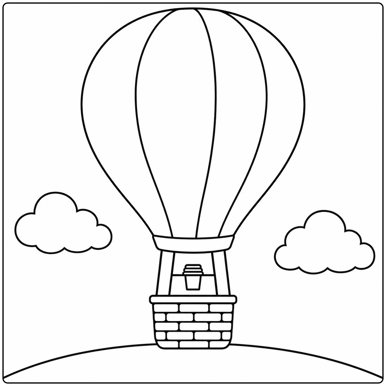 Eenvoudige luchtballon met brede banen boven een heuvel, omringd door twee wolken