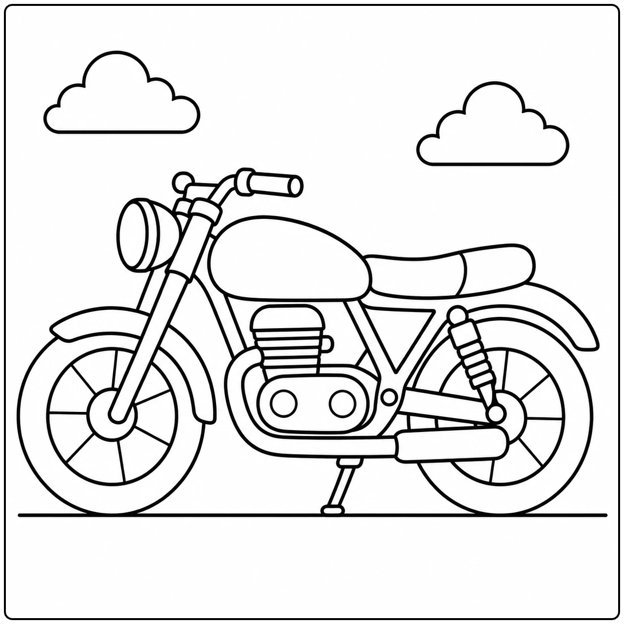 Kleurplaat motor met een eenvoudig zijaanzicht, ronde koplamp en twee wolken op de achtergrond