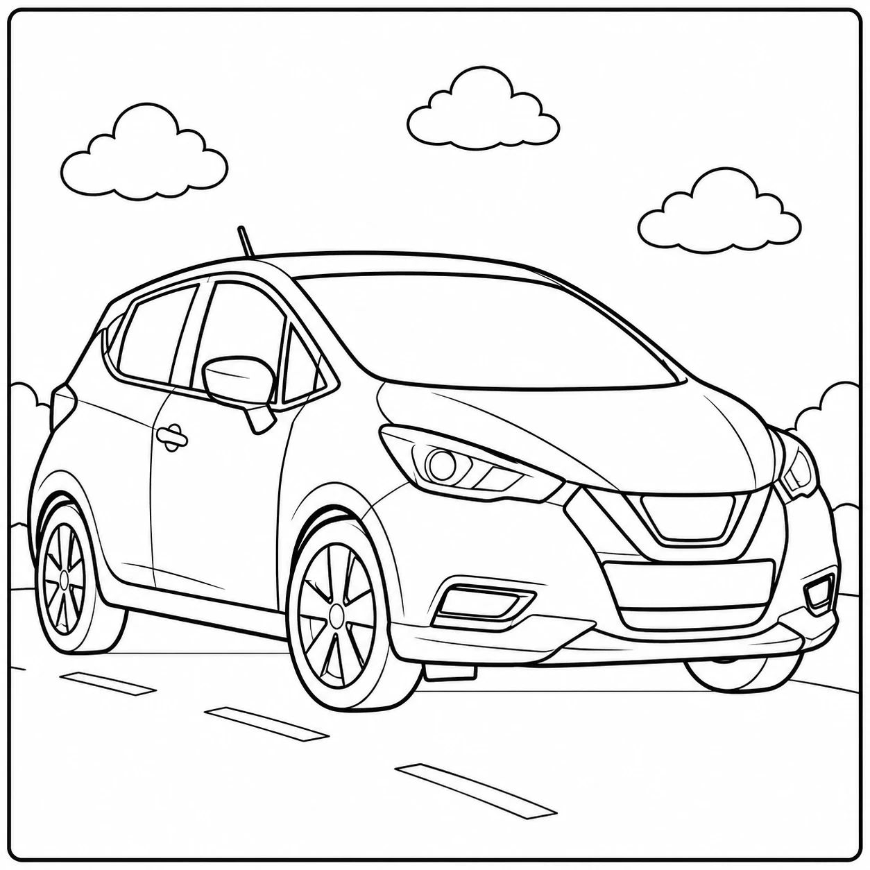 Moderne Nissan hatchback met wolken en wegdetails als kleurplaat auto nissan voor kinderen
