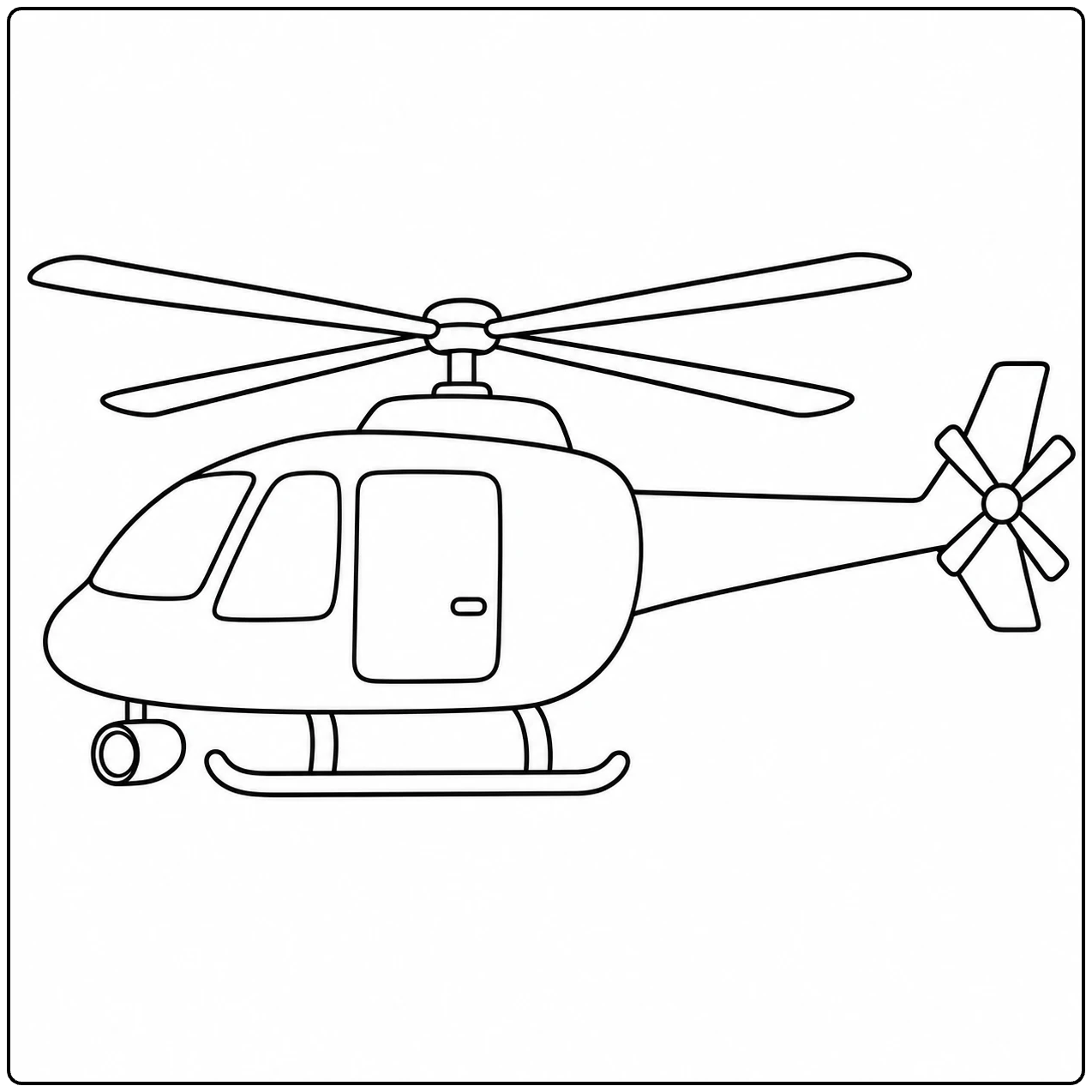 Eenvoudige kleurplaat politie helikopter van opzij met grote rotorbladen en landingssleden
