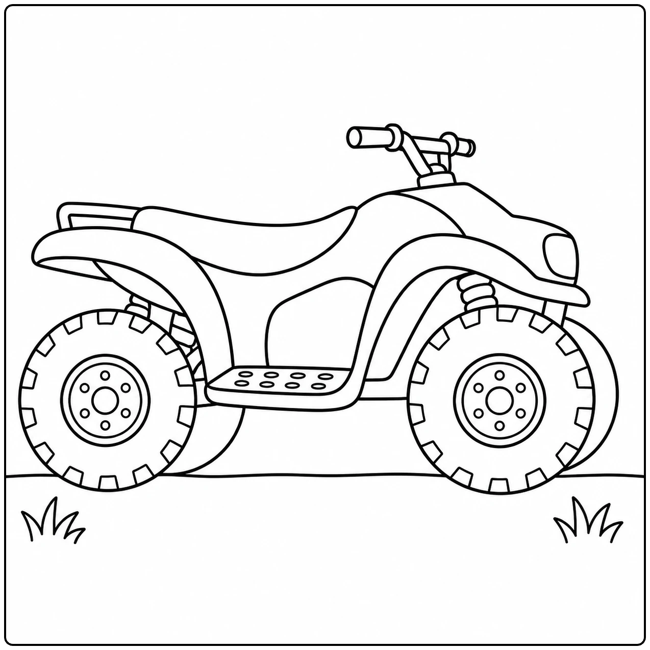 Kleurplaat quad in zijaanzicht met grote profielbanden, brede spatborden en kleine grasplukjes
