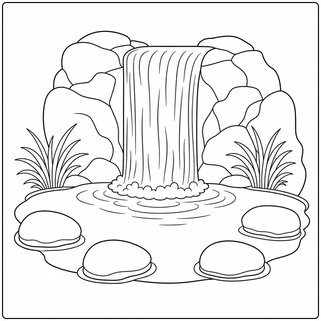 Eenvoudige Waterval Kleurplaat met ronde vijver, gladde stenen en gras langs de rotsen