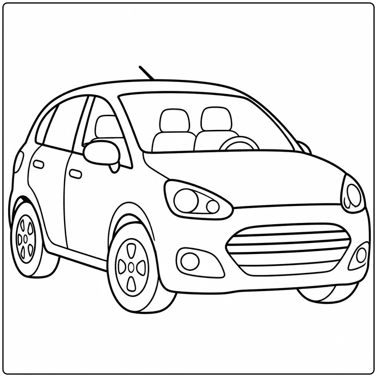 Kleurplaat auto ford met een compacte stadsauto en duidelijke ronde vormen voor kinderen