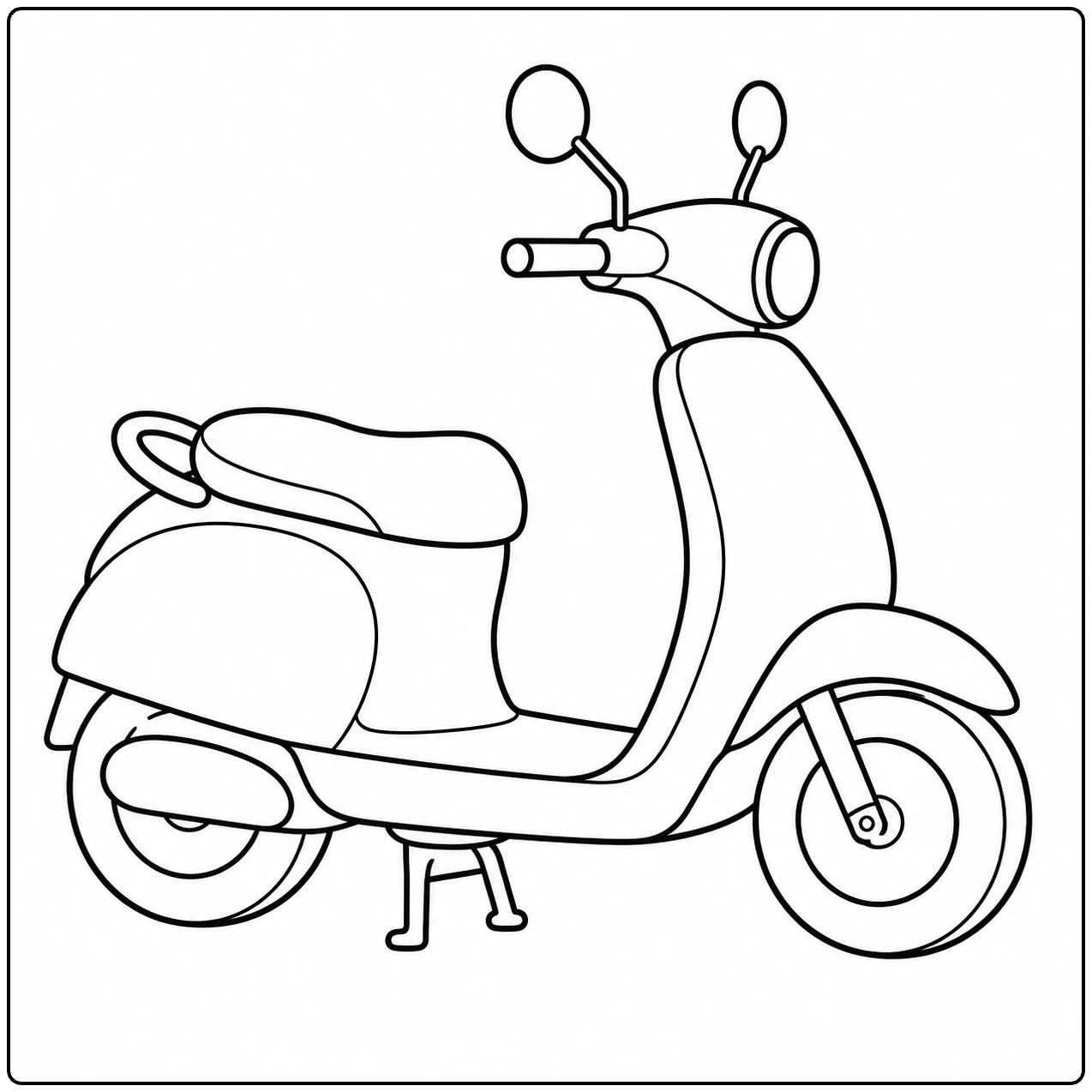 Eenvoudige stadsscooter in zijaanzicht met ronde koplamp en middenstandaard