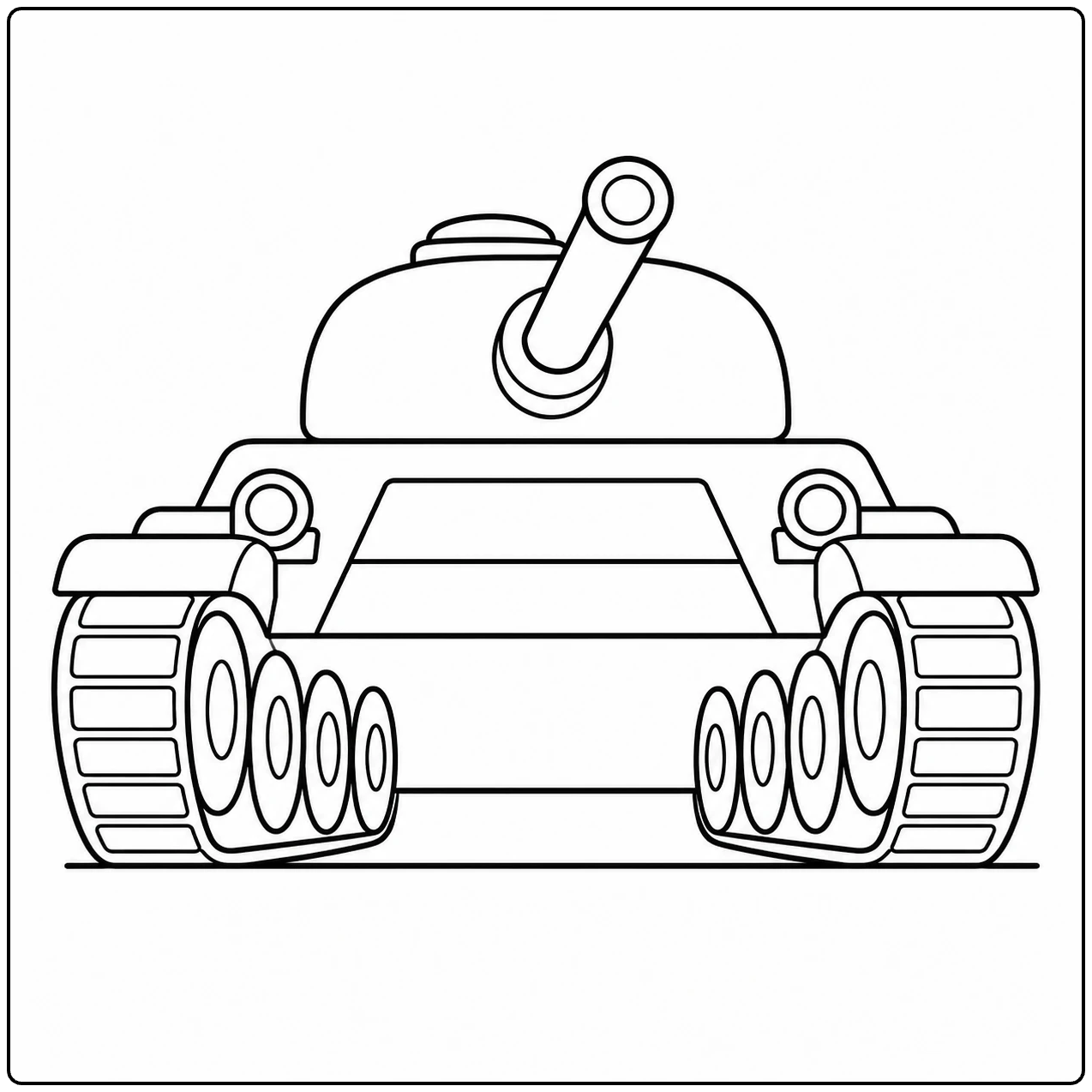 Kleurplaat militaire voertuigen met een eenvoudige tank van voren en brede rupsbanden.