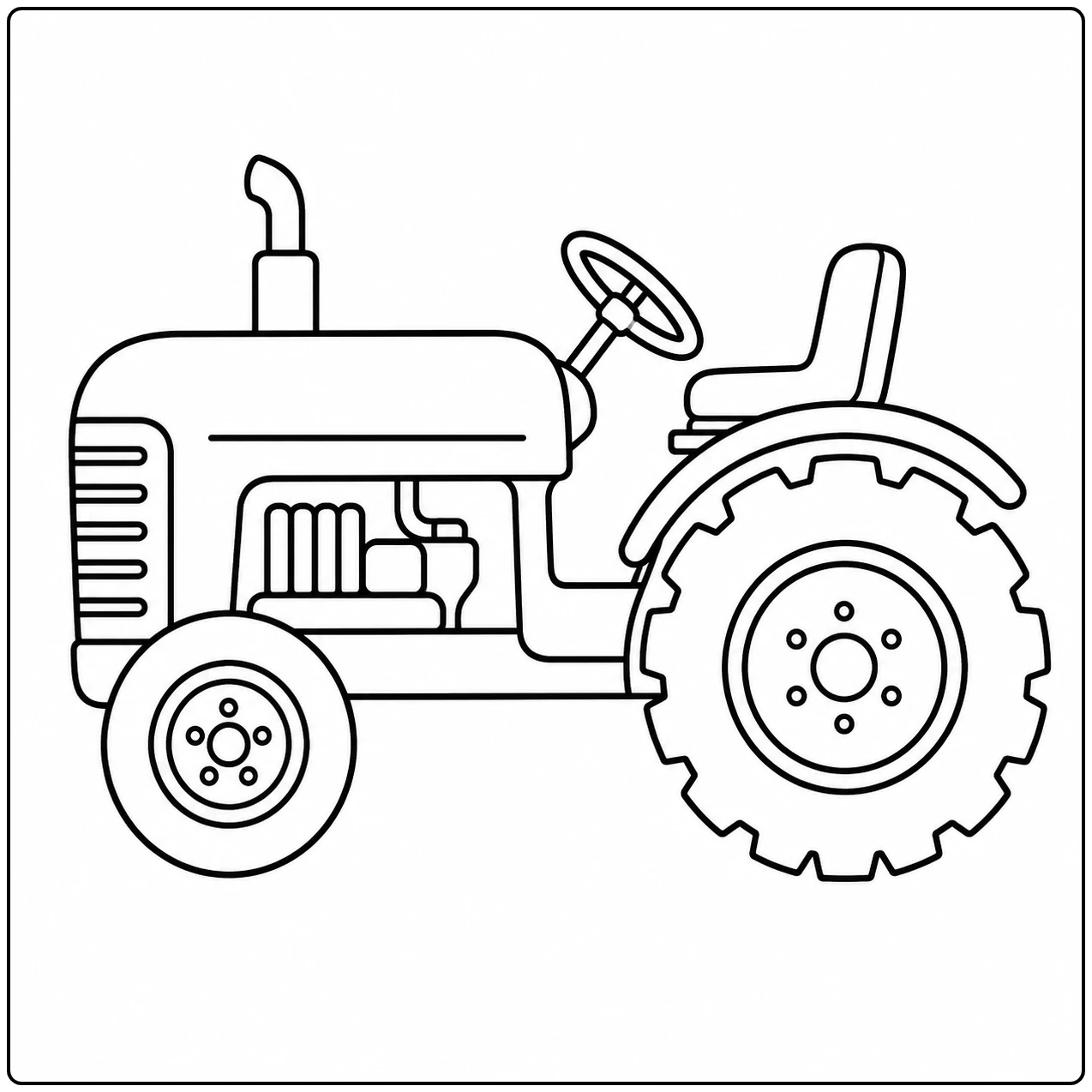 Eenvoudige zijaanzichttractor met grote achterband en open bestuurdersplek, als Makkelijke trekker kleurplaat