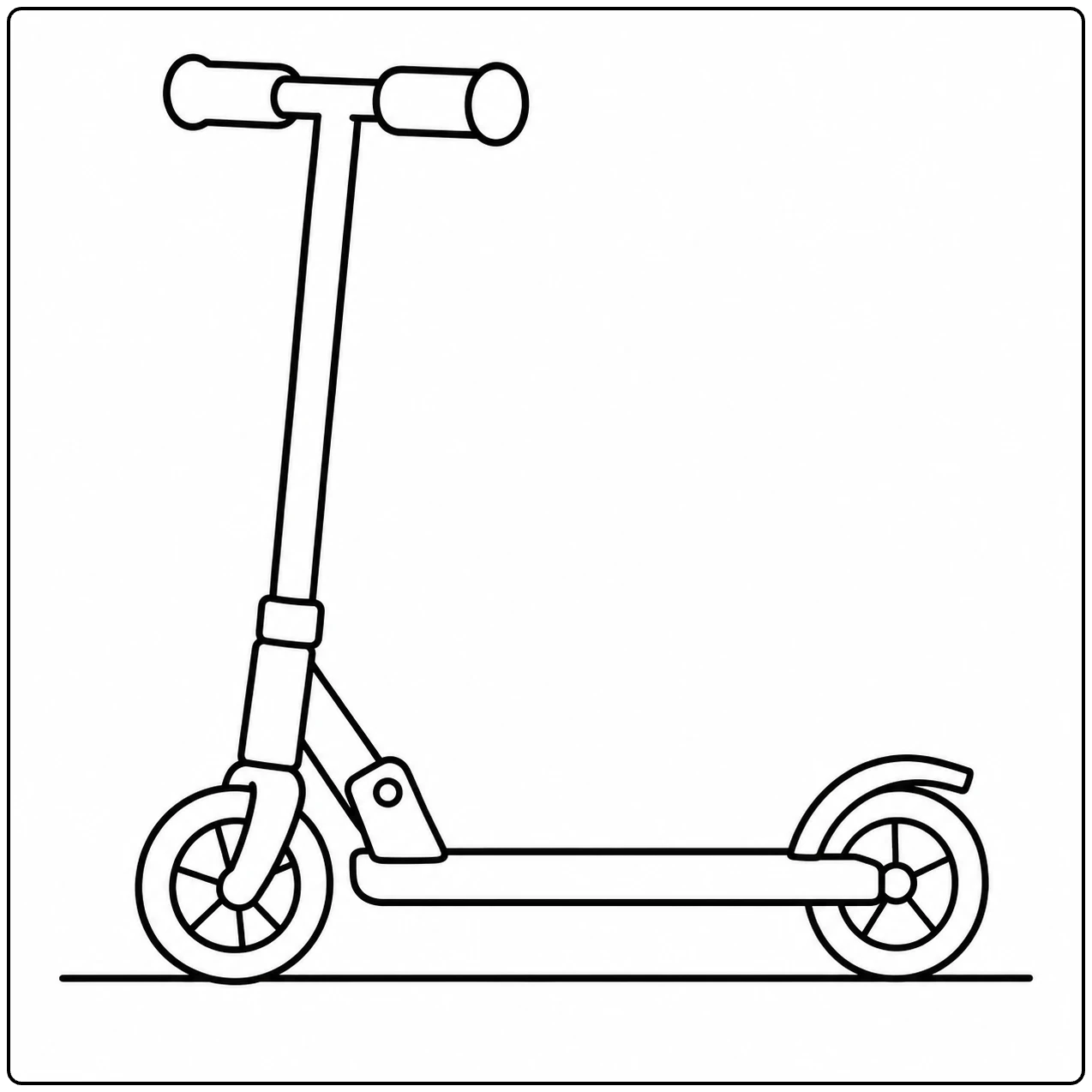 Kleurplaat scooter met twee wielen, recht stuur en een eenvoudig lang voetplateau.