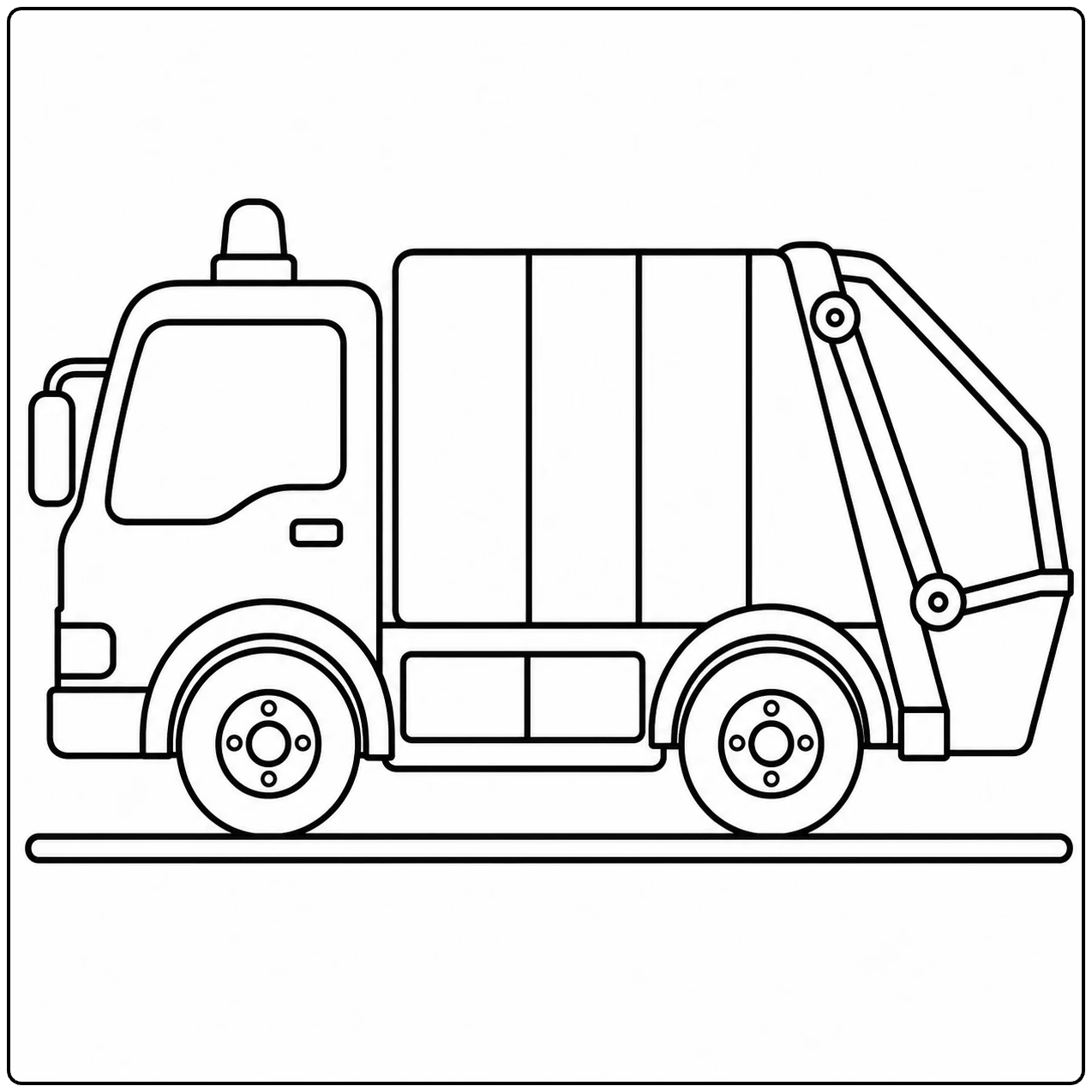 Eenvoudige vuilniswagen met grote laadbak en duidelijke wielen in een zwart-witte kleurplaatstijl