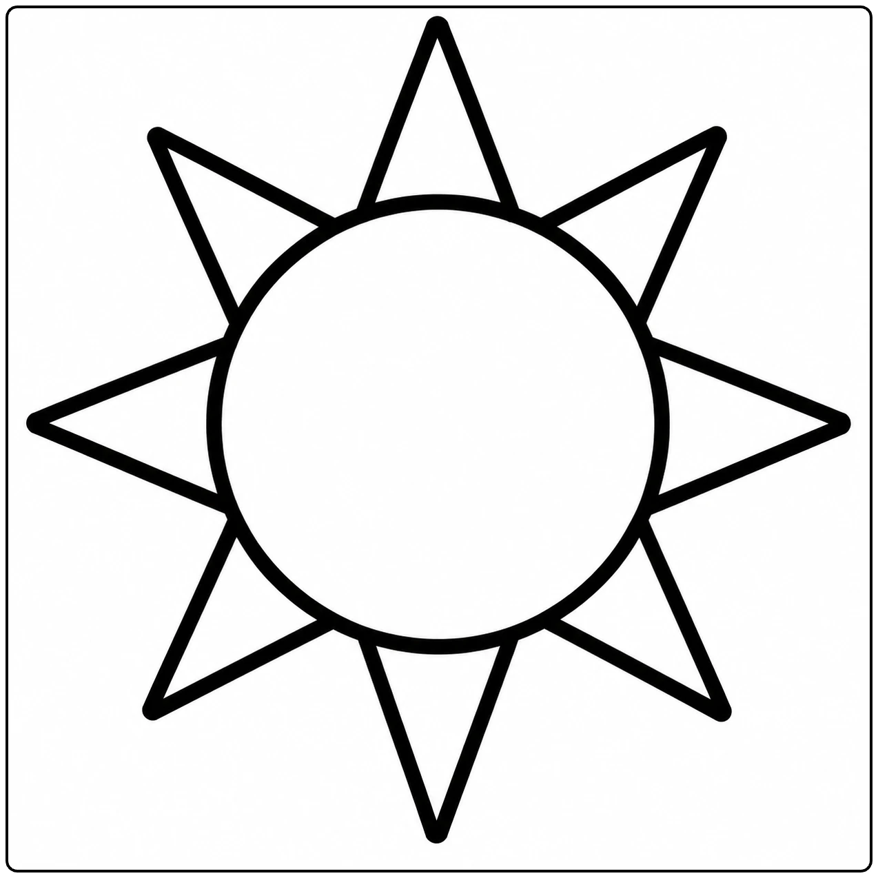 Eenvoudige zon zonder gezicht met acht grote driehoekige stralen en brede kleurvlakken