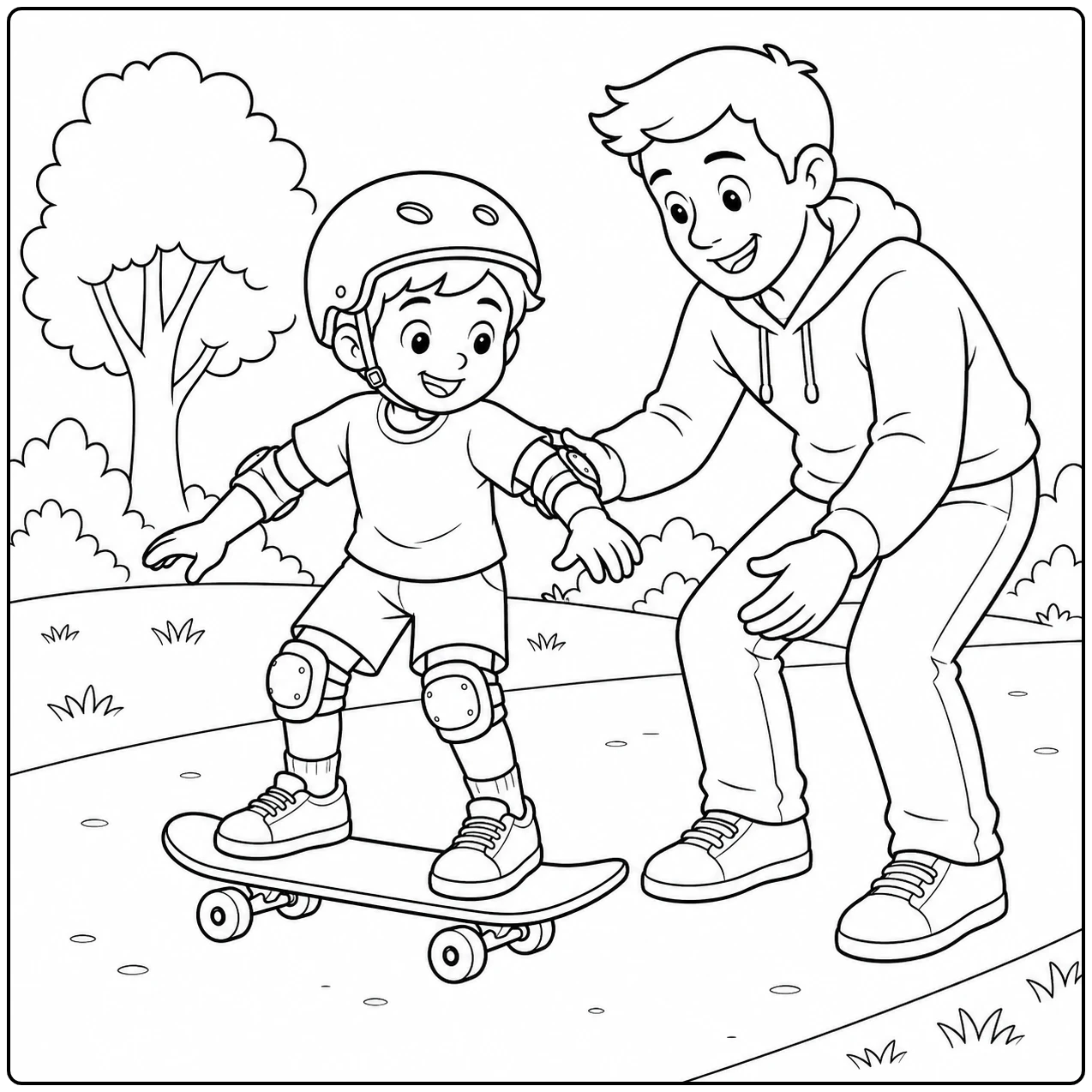 Kind leert skateboarden terwijl een volwassene zijn hand vasthoudt op een rustig pad tussen bomen